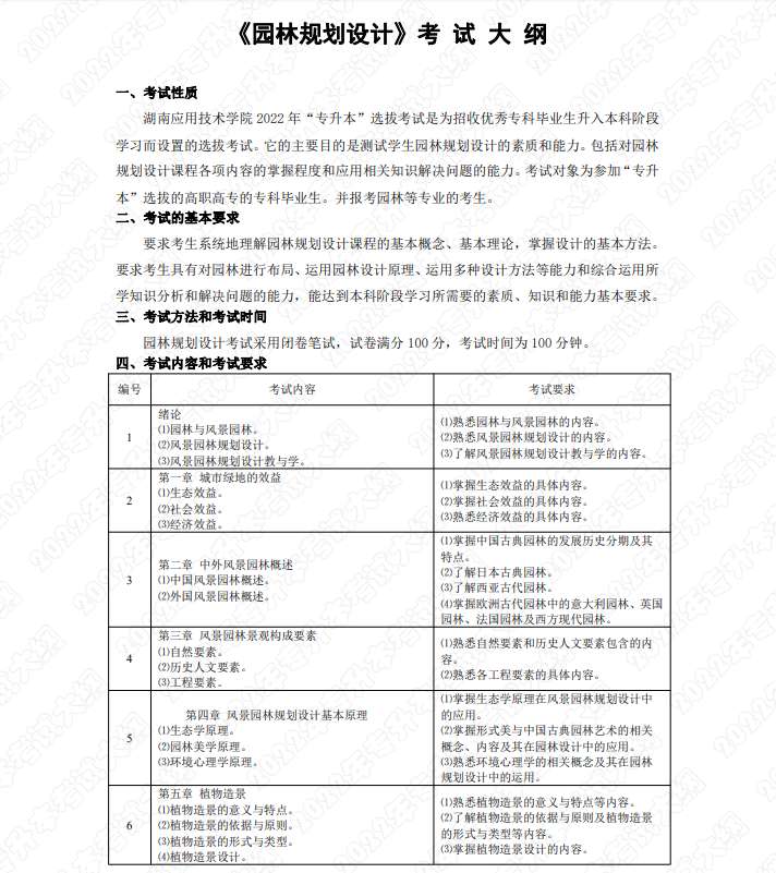 湖南应用技术学院统招专升本园林专业考试大纲