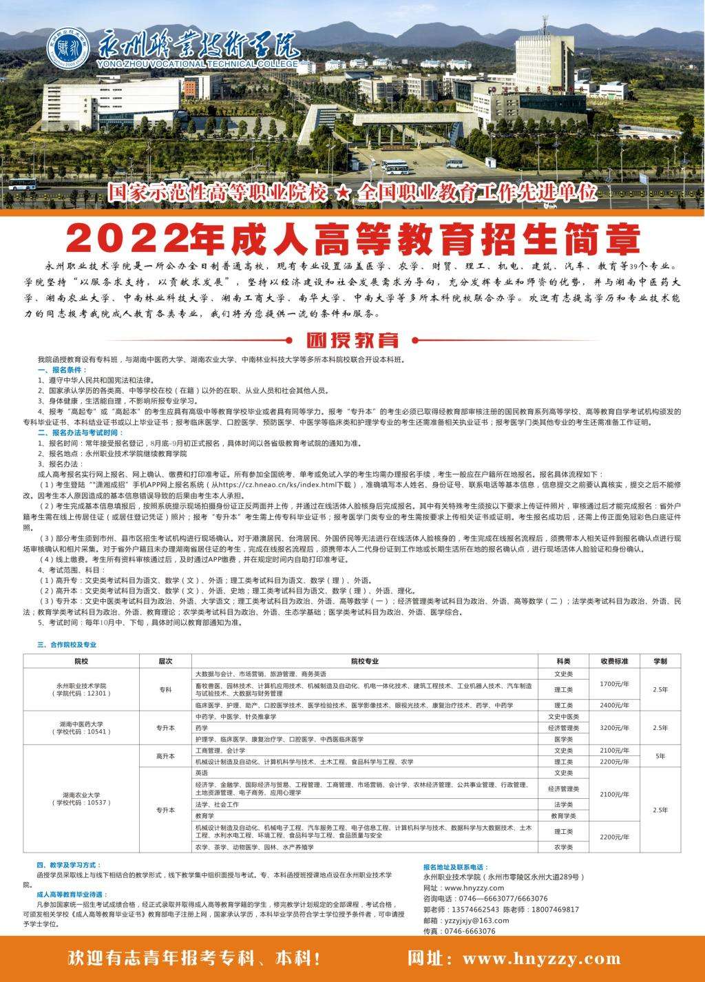 2022年永州职业技术学院成人高等教育招生简章