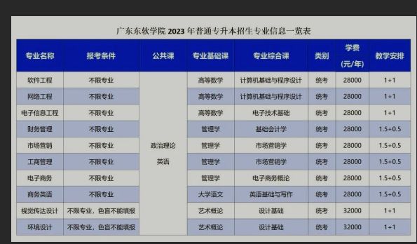 2023年广东东软学院专升本招生专业