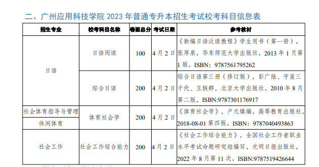 2023年广州应用科技学院普通专升本招生考试校考科目（含参考教材）