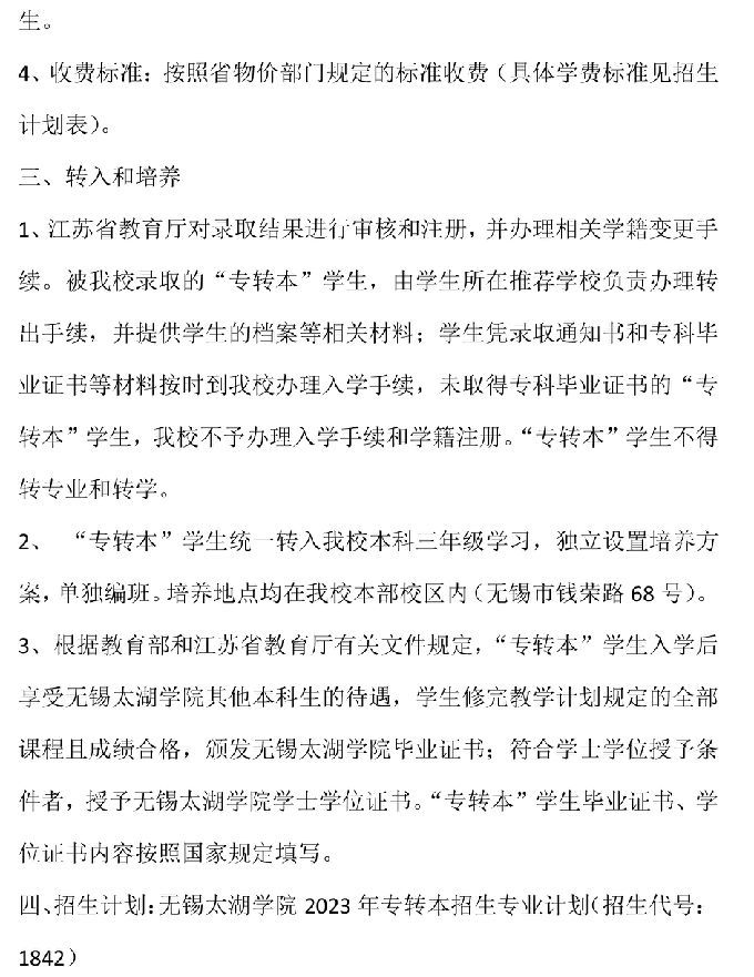 无锡太湖学院 2023 年“专转本”招生简章