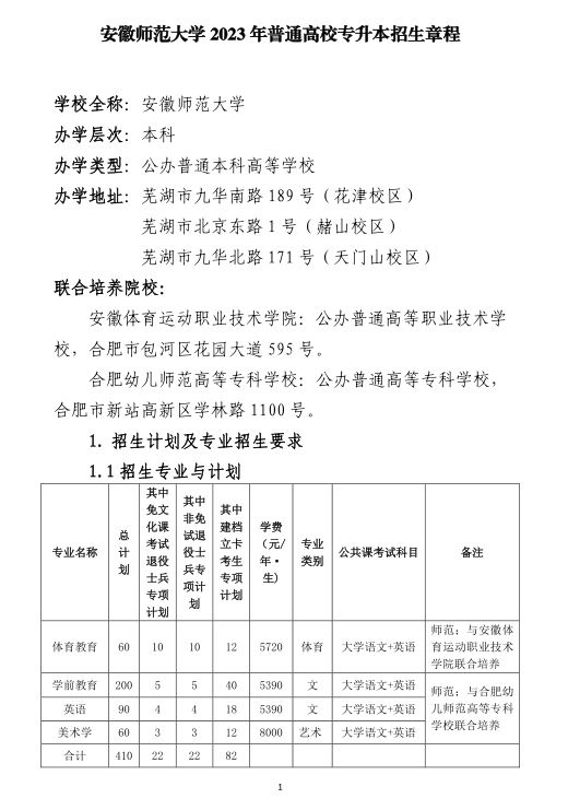 安徽师范大学2023年普通高校专升本招生章程