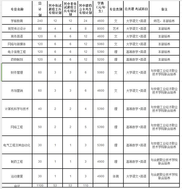 2023年合肥师范学院专升本招生计划