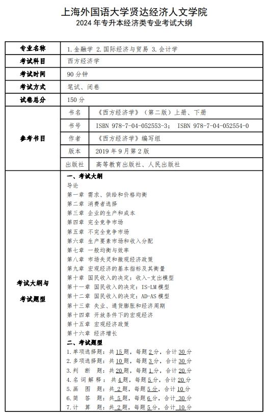 上海外国语大学贤达经济人文学院2024年专升本经济类专业考试大纲