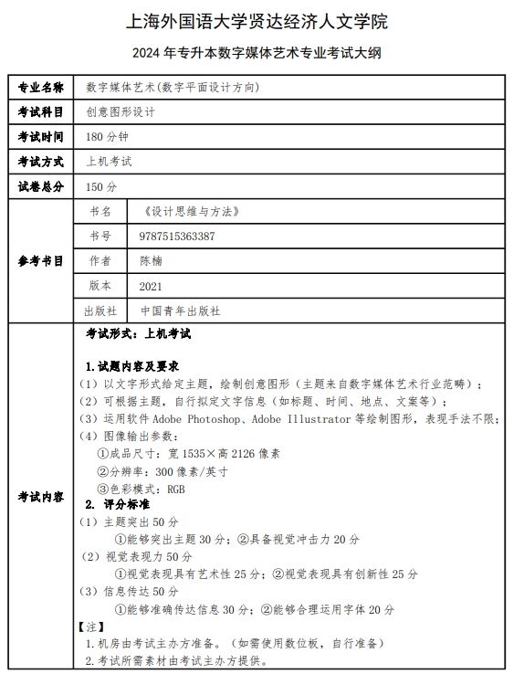 上海外国语大学贤达经济人文学院2024年专升本数字媒体艺术(数字平面设计方向)专业考试大纲