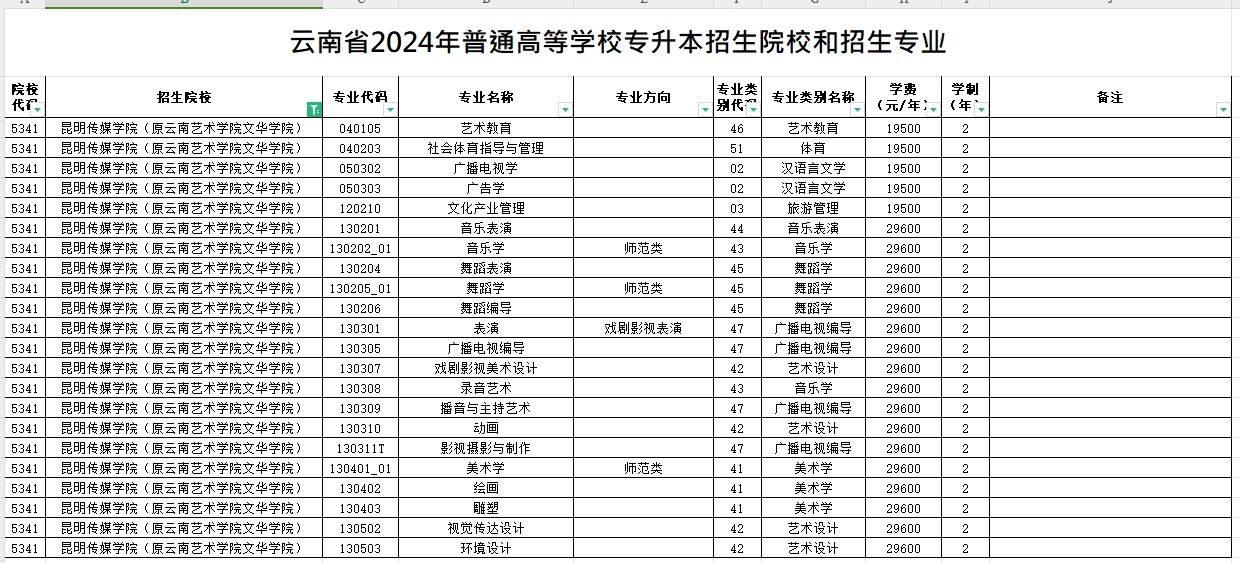 2024年昆明传媒学院（原云南艺术学院文华学院）专升本招生专业