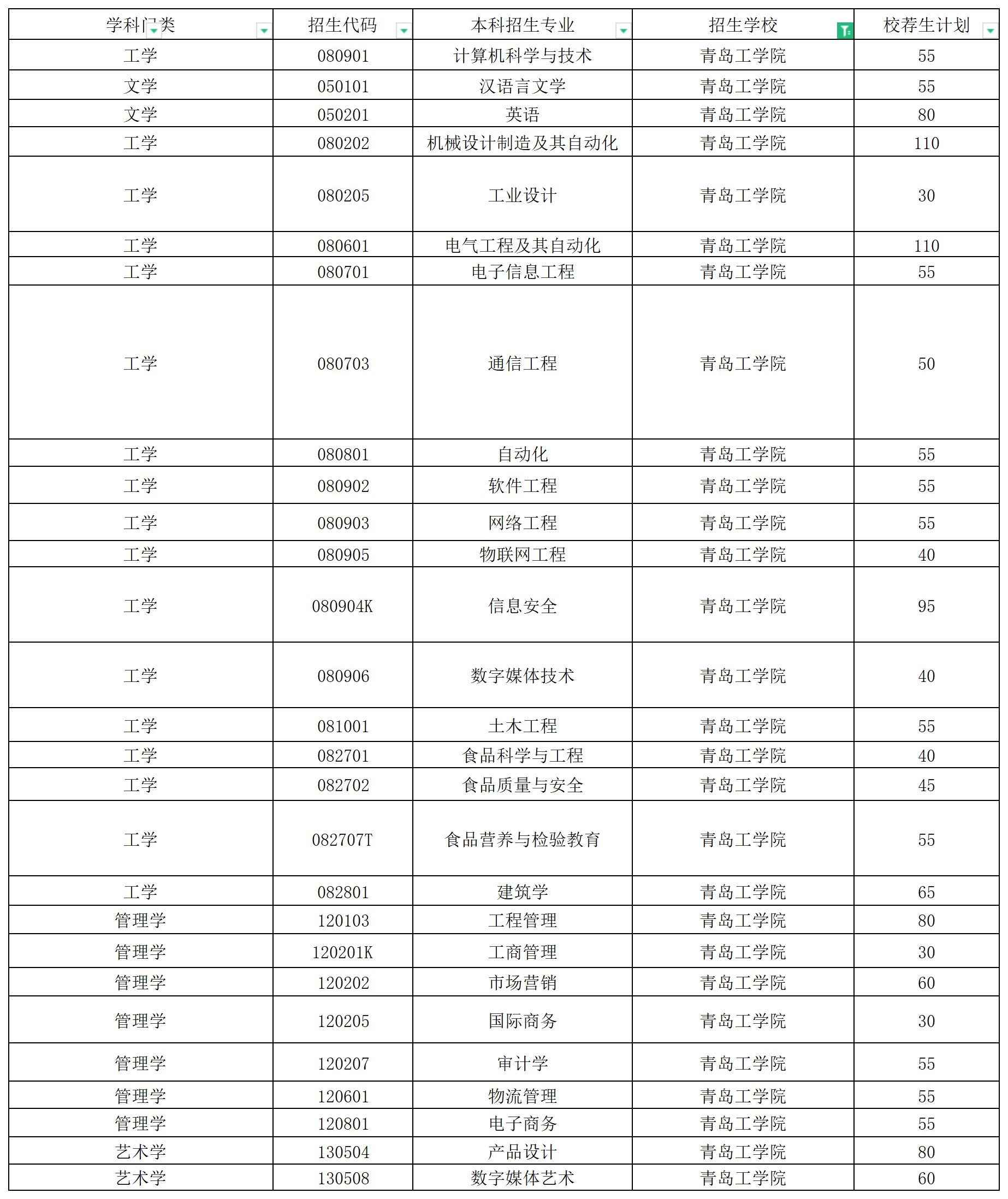 2024年青岛工学院校荐生专升本招生计划