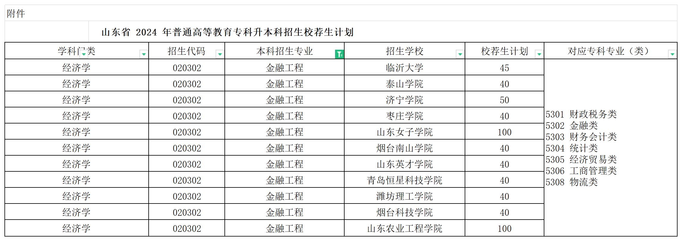 2024年山东金融工程专业专升本校荐生招生计划