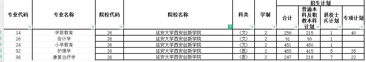 2024年延安大学西安创新学院专升本各专业招生计划