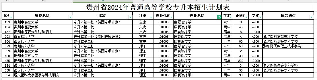 2024年贵州康复治疗学专业专升本可报考院校