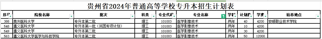 2024年贵州医学影像技术专业专升本可报考院校