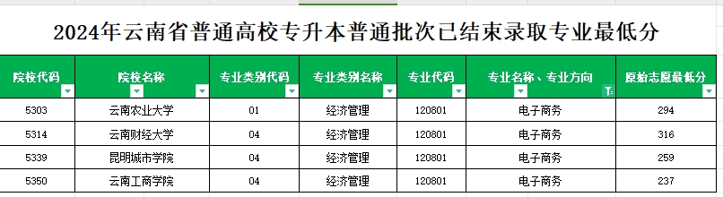 2024年云南专升本普通批次电子商务专业各院校最低分