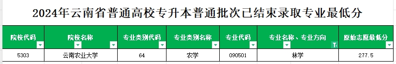 2024年云南专升本普通批次林学专业各院校最低分