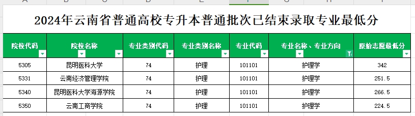 2024年云南专升本普通批次护理学专业各院校最低分