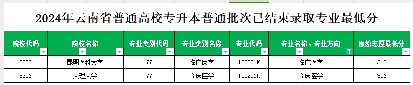 2024年云南专升本普通批次临床医学专业各院校最低分