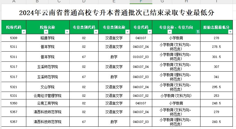 2024年云南专升本普通批次小学教育（含师范）专业各院校最低分