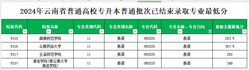 2024年云南专升本普通批次泰语专业各院校最低分