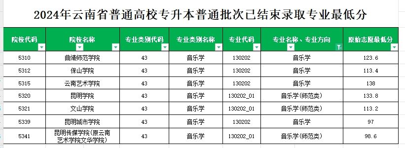 2024年云南专升本普通批次音乐学（含师范）专业各院校最低分