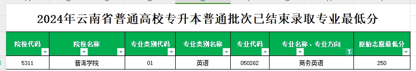 2024年云南专升本普通批次商务英语专业各院校最低分