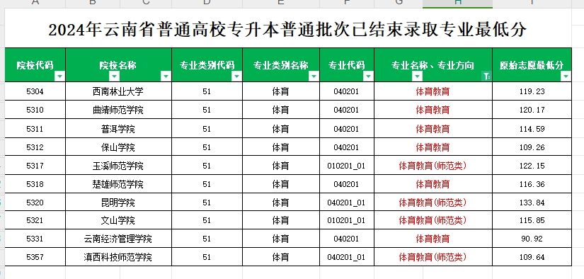 2024年云南专升本普通批次体育教育（含师范）专业各院校最低分