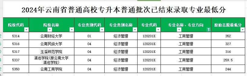 2024年云南专升本普通批次工商管理专业各院校最低分