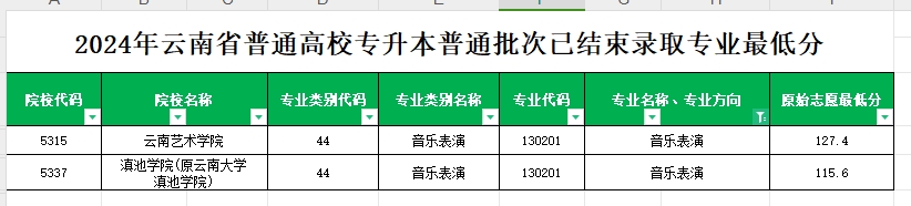 2024年云南专升本普通批次音乐表演专业各院校最低分