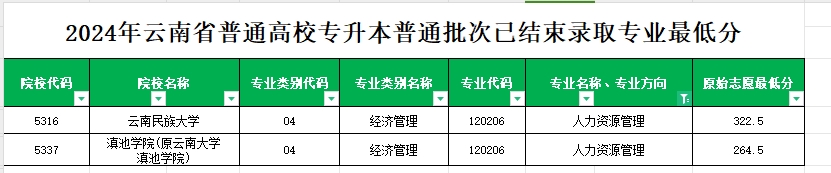 2024年云南专升本普通批次人力资源管理专业各院校最低分