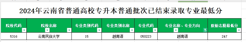 2024年云南专升本普通批次越南语专业各院校最低分