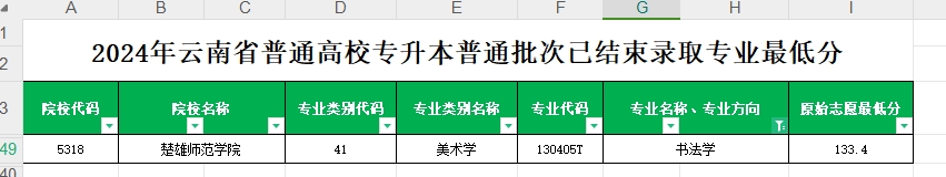 2024年云南专升本普通批次书法学专业各院校最低分