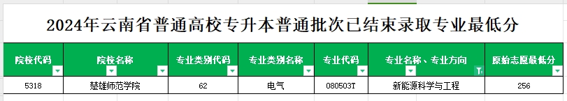 2024年云南专升本普通批次新能源科学与工程专业各院校最低分