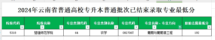 2024年云南专升本普通批次葡萄与葡萄酒工程专业各院校最低分