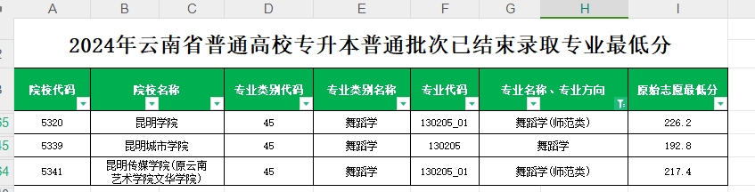 2024年云南专升本普通批次舞蹈学（含师范）专业各院校最低分