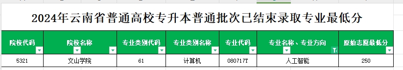 2024年云南专升本普通批次人工智能专业各院校最低分