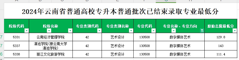 2024年云南专升本普通批次数字媒体艺术专业各院校最低分