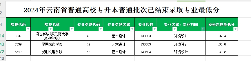 2024年云南专升本普通批次环境设计专业各院校最低分