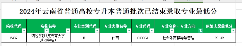 2024年云南专升本普通批次社会体育指导与管理专业各院校最低分