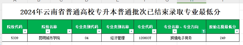 2024年云南专升本普通批次跨境电子商务专业各院校最低分