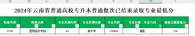 2024年云南专升本普通批次摄影专业各院校最低分