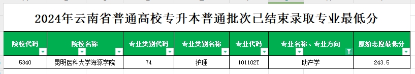 2024年云南专升本普通批次助产学专业各院校最低分