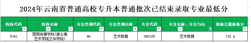 2024年云南专升本普通批次艺术教育专业各院校最低分