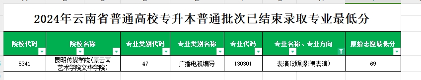 2024年云南专升本普通批次表演(戏剧影视表演)专业各院校最低分