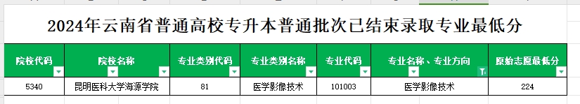 2024年云南专升本普通批次医学影像技术专业各院校最低分