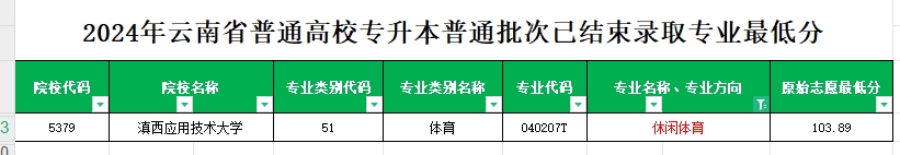 2024年云南专升本普通批次休闲体育专业各院校最低分