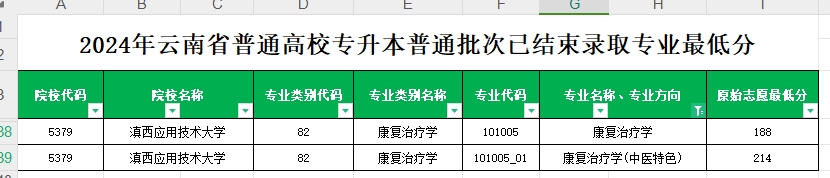 2024年云南专升本普通批次康复治疗学专业各院校最低分