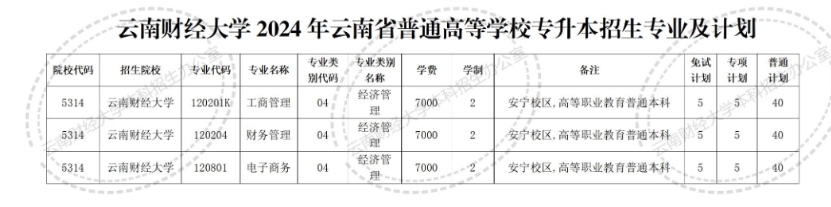 云南财经大学2024年专升本招生计划