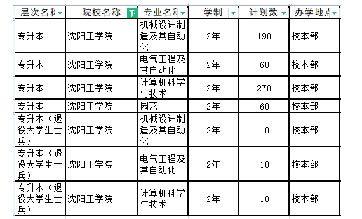 2024年沈阳工学院专升本招生计划