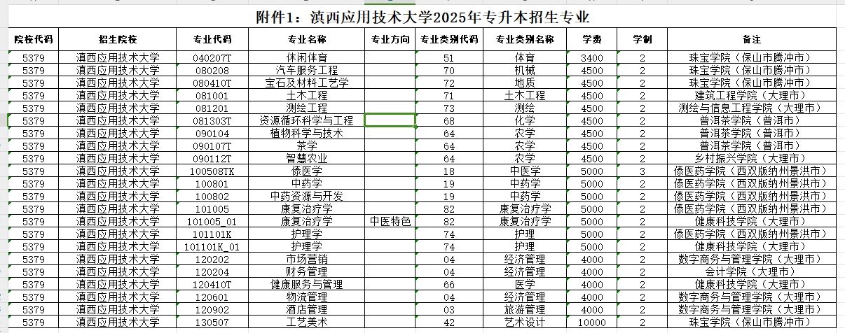 滇西应用技术大学2025年专升本招生专业