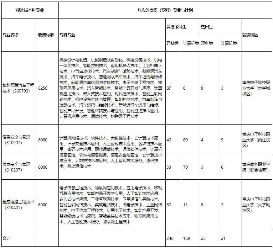 2025年重庆电子科技职业大学专升本招生计划